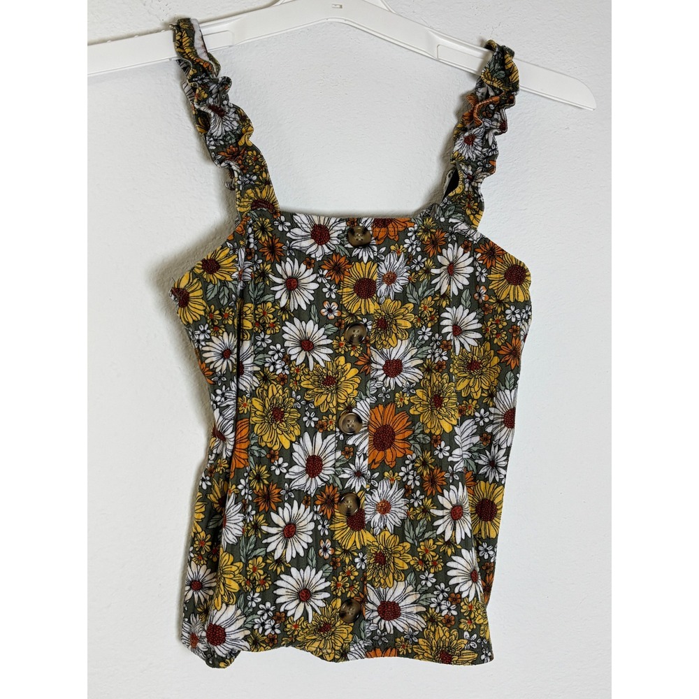 No Boundaries Floral Ruffle Strap Tank Top Medium 7-9 Mustard Yellow Daisy Boho